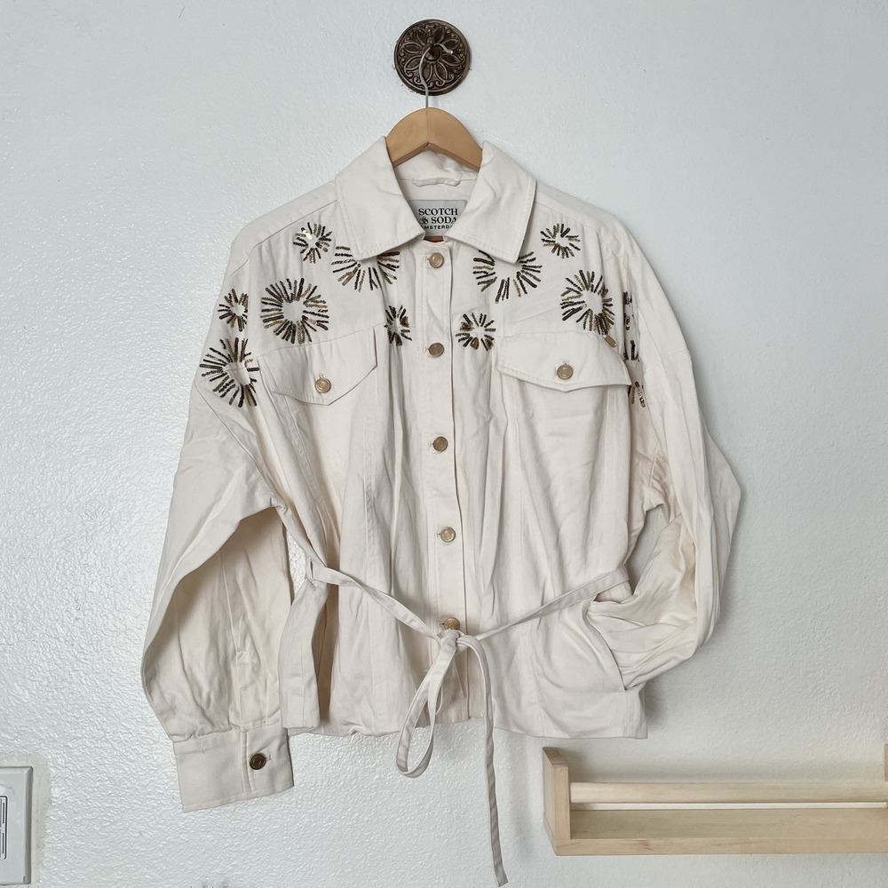 Scotch & Soda Amsterdam Trucker Cream Denim Jacket Embellished Belted Large